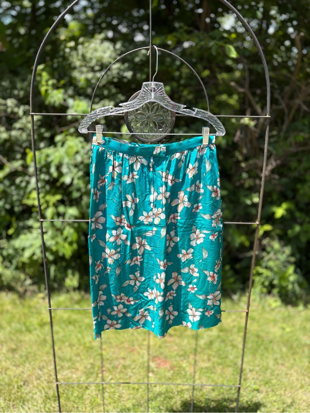 Vintage Women’s Floral Teal Midi Skirt Hawaiian Summer Lightweight A-Line Retro - Picture 10 of 12